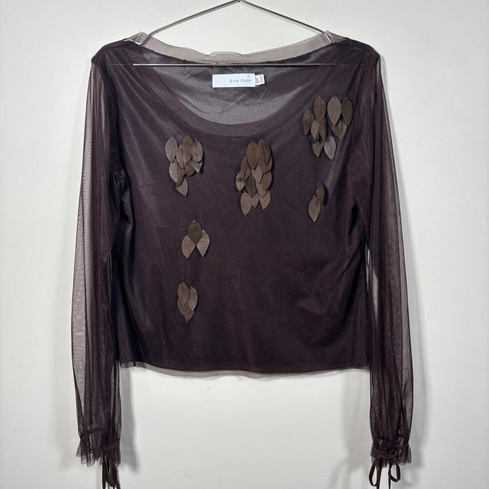 Luis Civit brown sheer mesh long sleeve top with wide scoop neckline, leaf appli